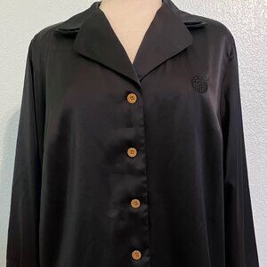 Louis Feraud Womens Long Sleeve Button Up Shirt 14 Black Satin Work Dressy